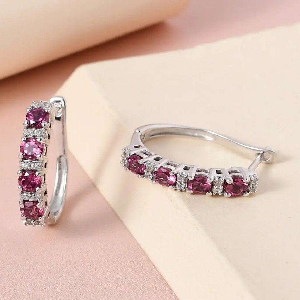 Tanzanian Wine Garnet and White Zircon Hoop Earrings